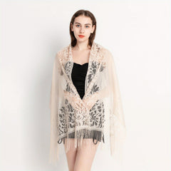 Flower Hollow Out Tassel Shawl Casual Solid Wrap Long Cape