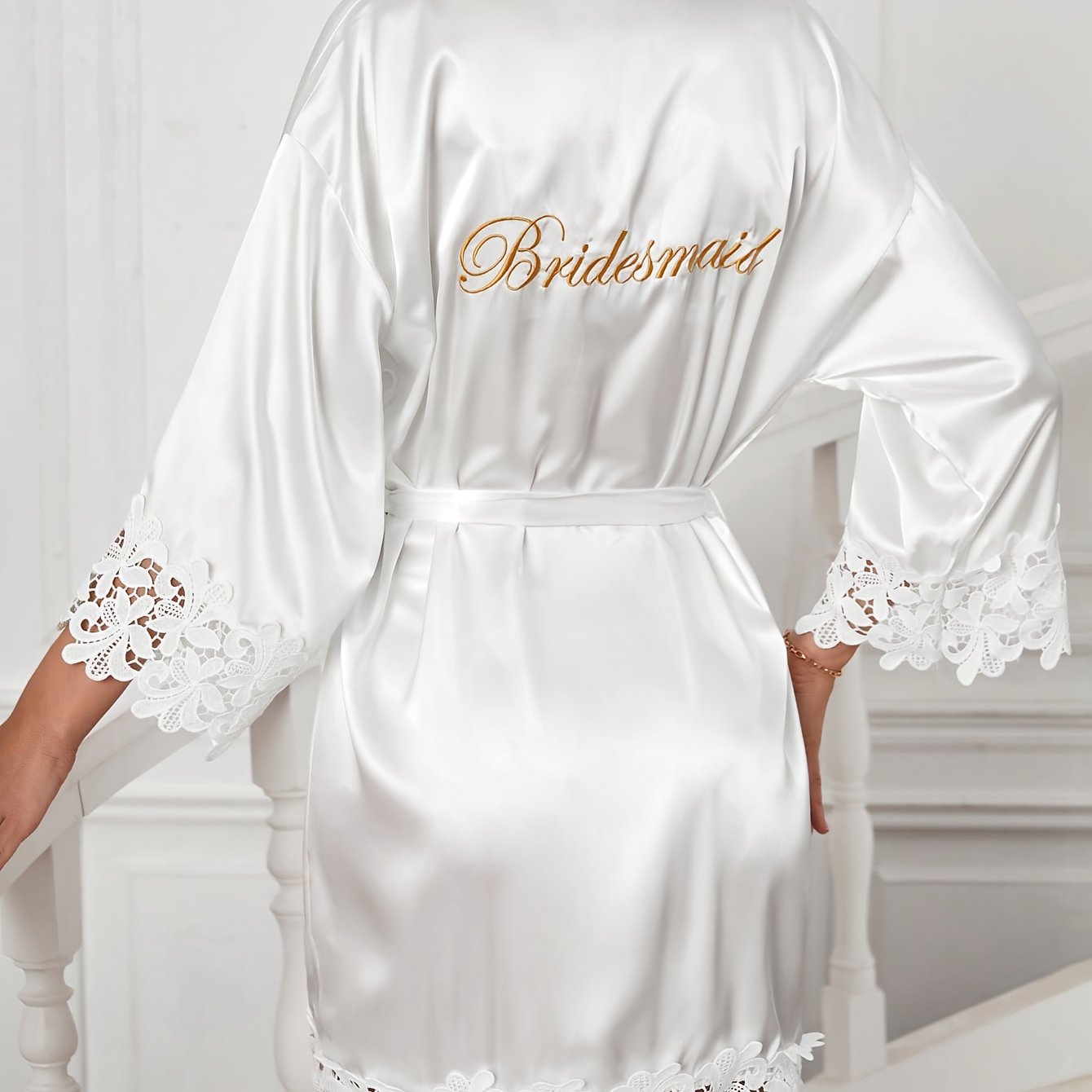 Satin Night Robe Lace Sleeve V Neck Robe Women's Sleepwear