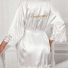 Satin Night Robe Lace Sleeve V Neck Robe Women's Sleepwear