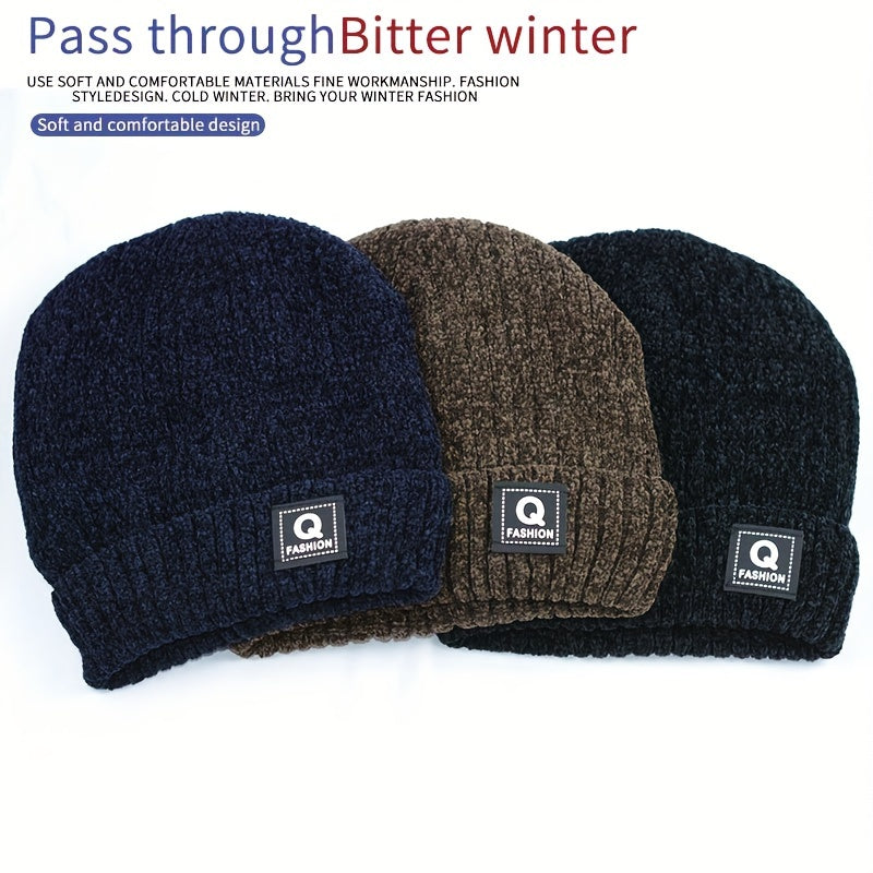 Chenille Letter Beanie Winter Knitted Hat Ear Protection Warm Beanies