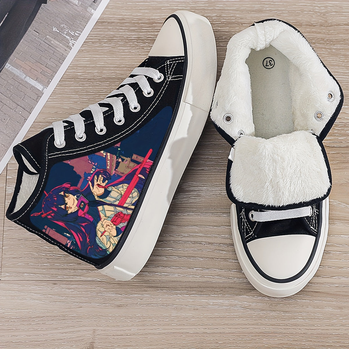 Anime Pattern High Top Skate Shoes with Plush Lining