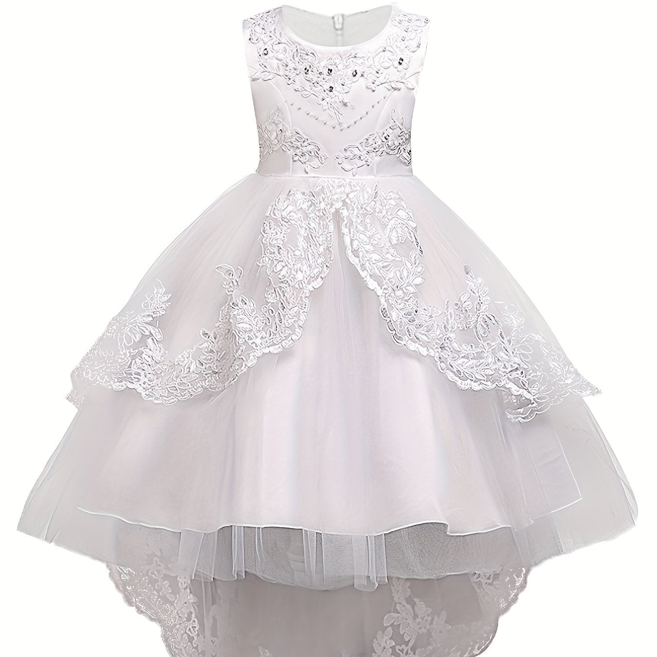 Girls Puffy Princess Dress Sleeveless Beaded Flowers Embroidery Tulle Lace Tutu