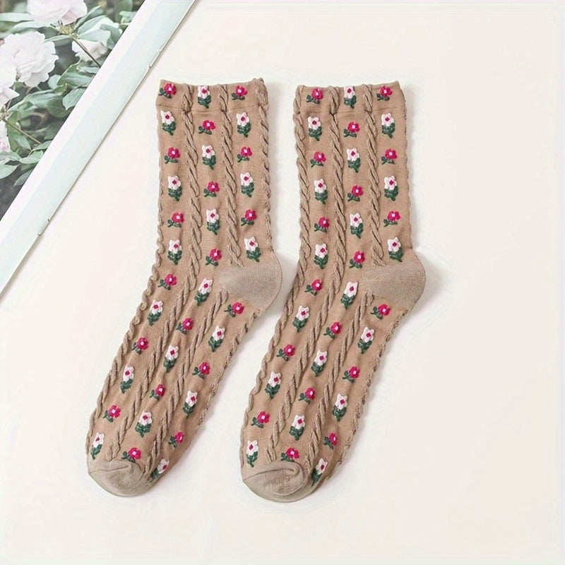 Floral Print Harajuku Style Mid Tube Socks Women's Stockings