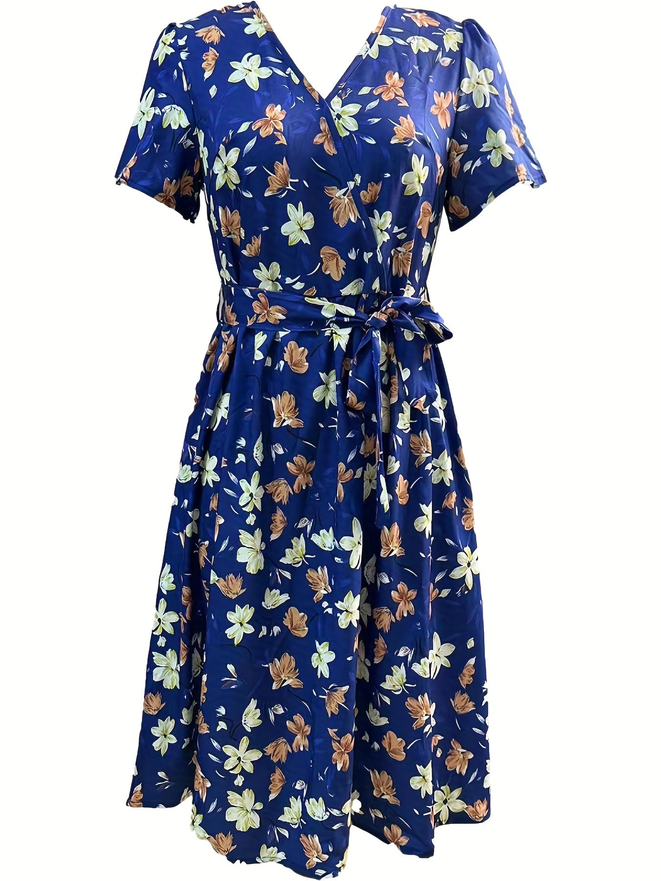 Floral Print V Neck Dress Knot Pleated Short Sleeve Dress