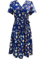 Floral Print V Neck Dress Knot Pleated Short Sleeve Dress