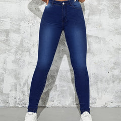 Dark High Waist Skinny Jeans Slim Fit Slash Pockets Stretchy Denim Pants