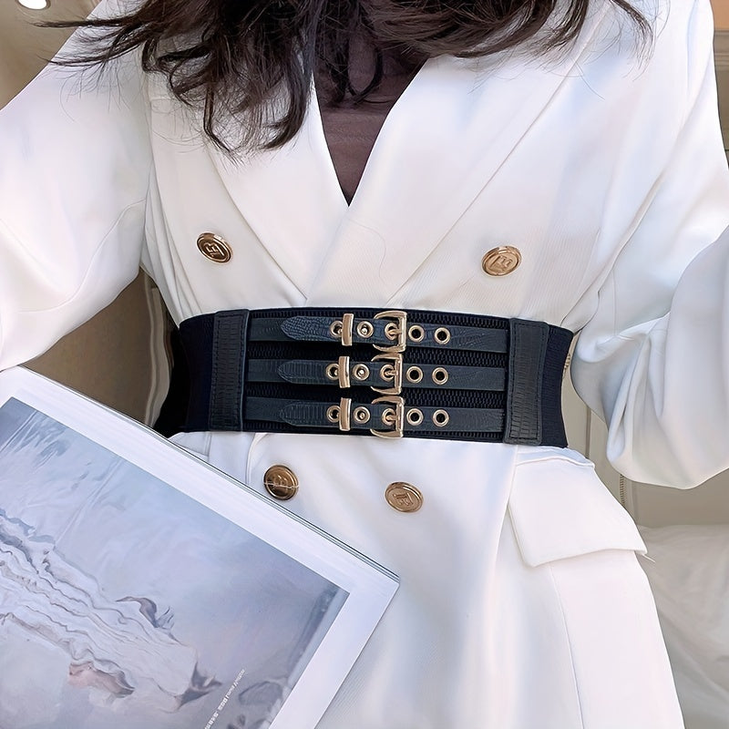Vintage Three Pin Buckle Girdle Classic Rivet PU Leather Wide Waistband