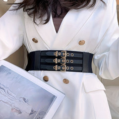 Vintage Three Pin Buckle Girdle Classic Rivet PU Leather Wide Waistband