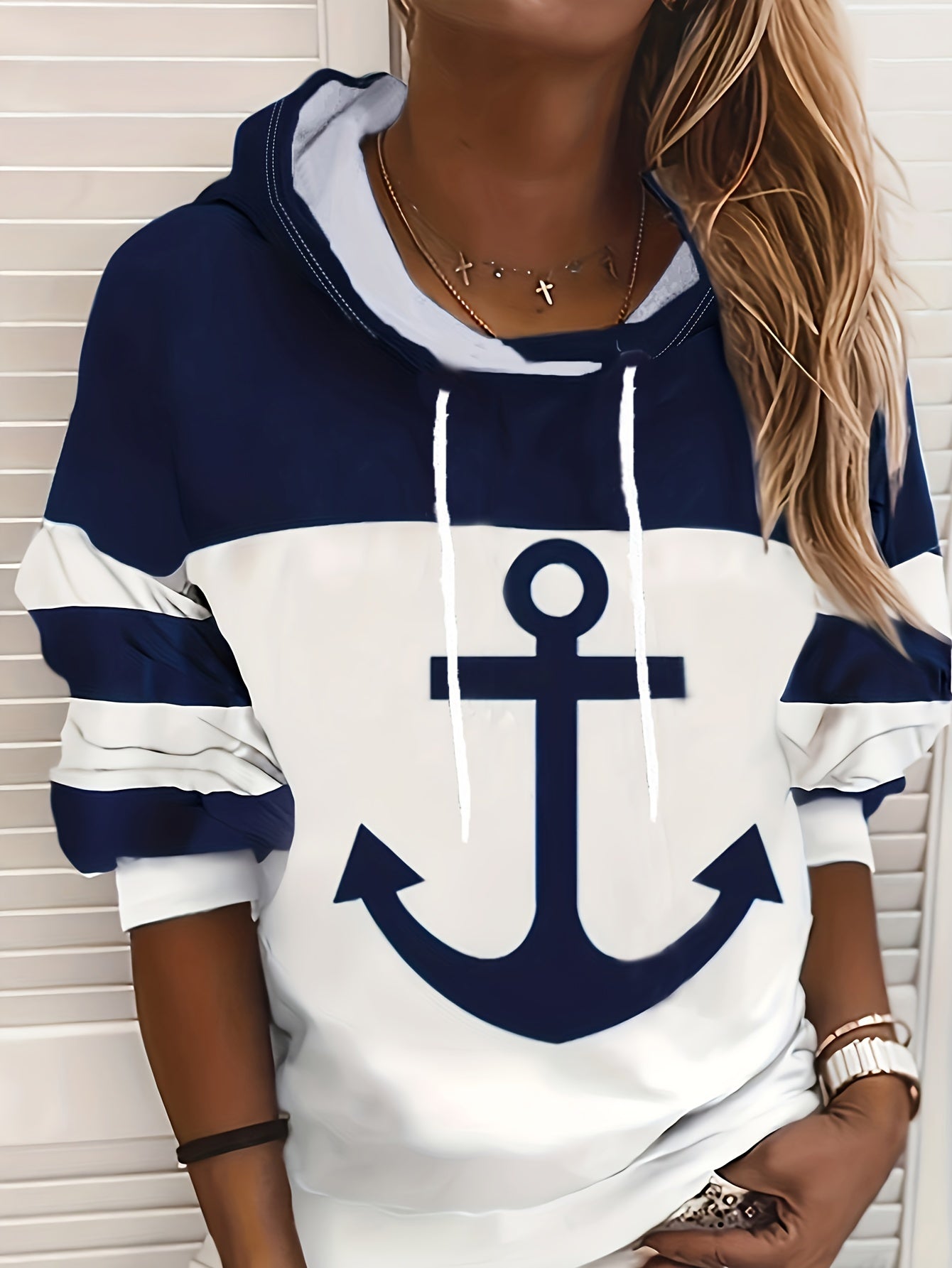 Anchor Print Drawstring Hoodie Casual Sweatshirt Women's Clothing