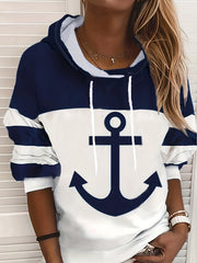 Anchor Print Drawstring Hoodie Casual Sweatshirt Women's Clothing