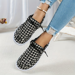 Women's Houndstooth Boat Shoes Lightweight Lace Up Flat Slip On Casual Sneakers