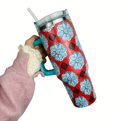 40oz Insulated Stainless Steel Water Bottle Turquoise Print with Handle