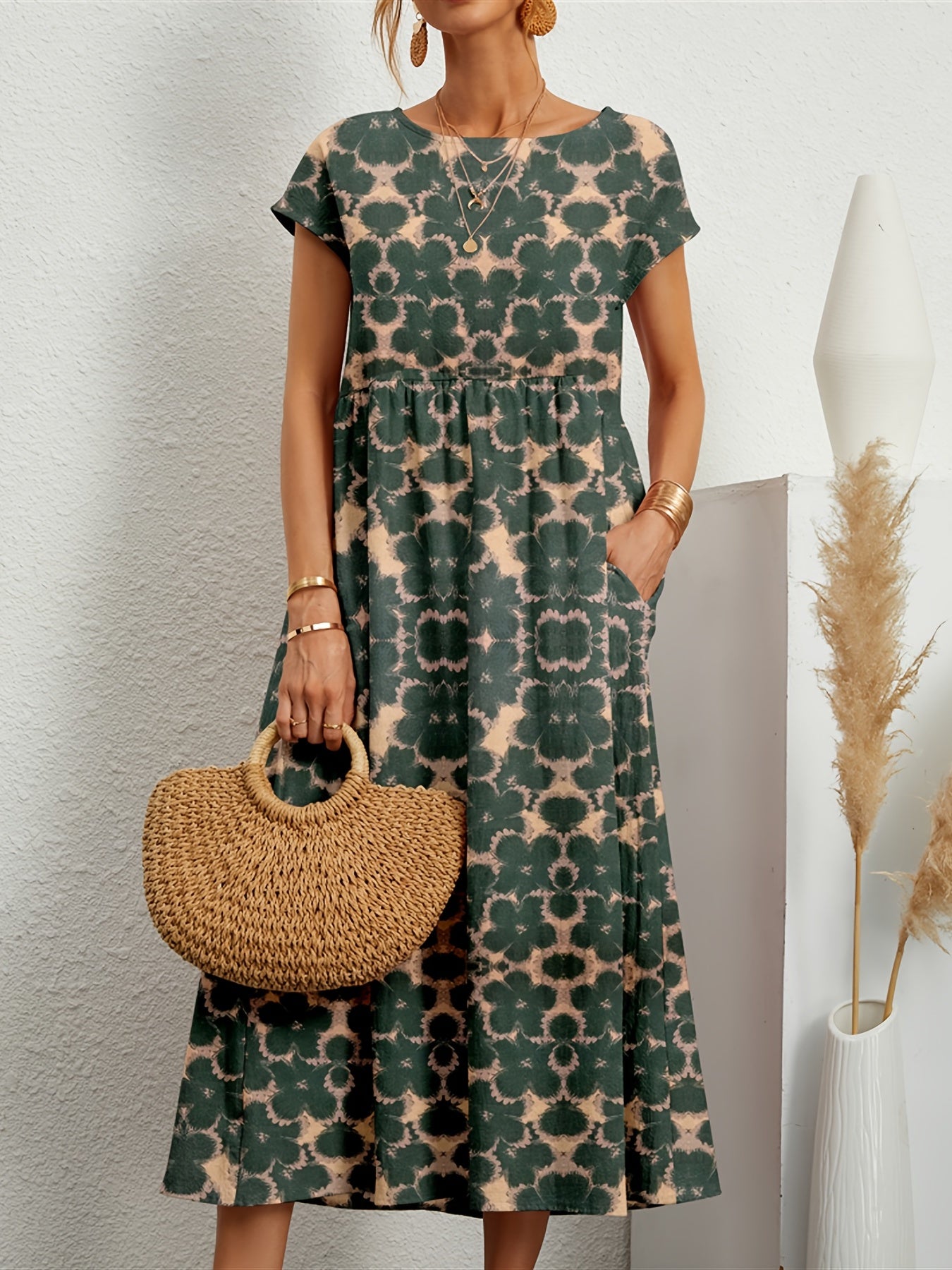 Vintage Floral Print Ruched Dress