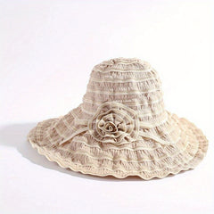Pleated Sun Hat Flower Striped Bucket Hat Wide Brim