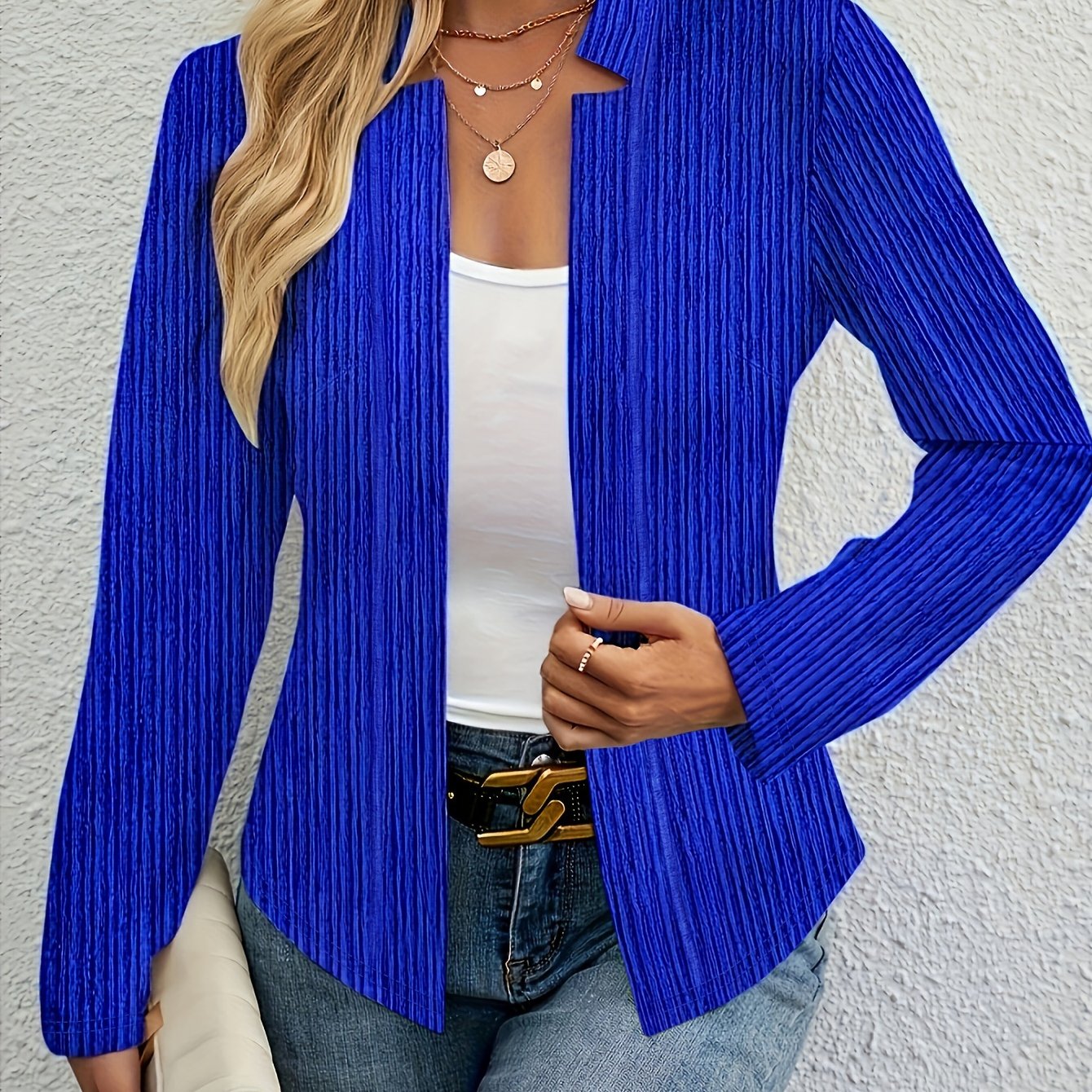 Ribbed Long Sleeve Open Front Slim Fit Blazer