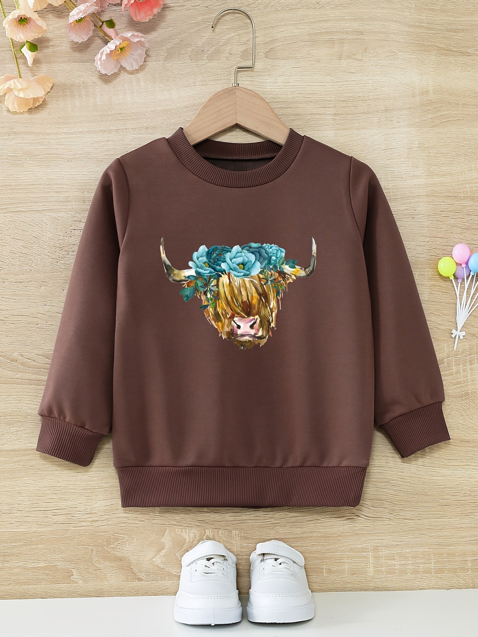 Floral Cow Graphic Girls Round Neck Sweatshirt