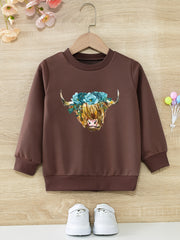 Floral Cow Graphic Girls Round Neck Sweatshirt
