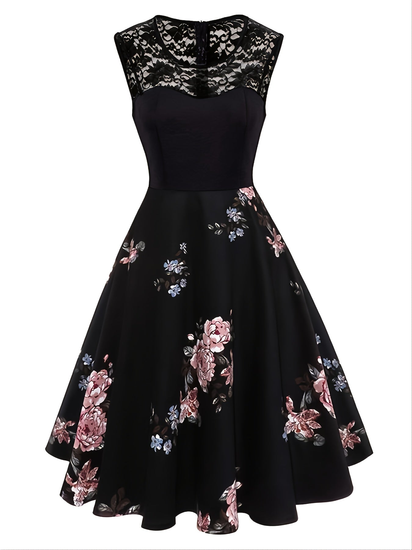 Vintage Dark Peony Sleeveless Dress Contrast Lace Print