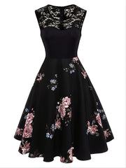 Vintage Dark Peony Sleeveless Dress Contrast Lace Print