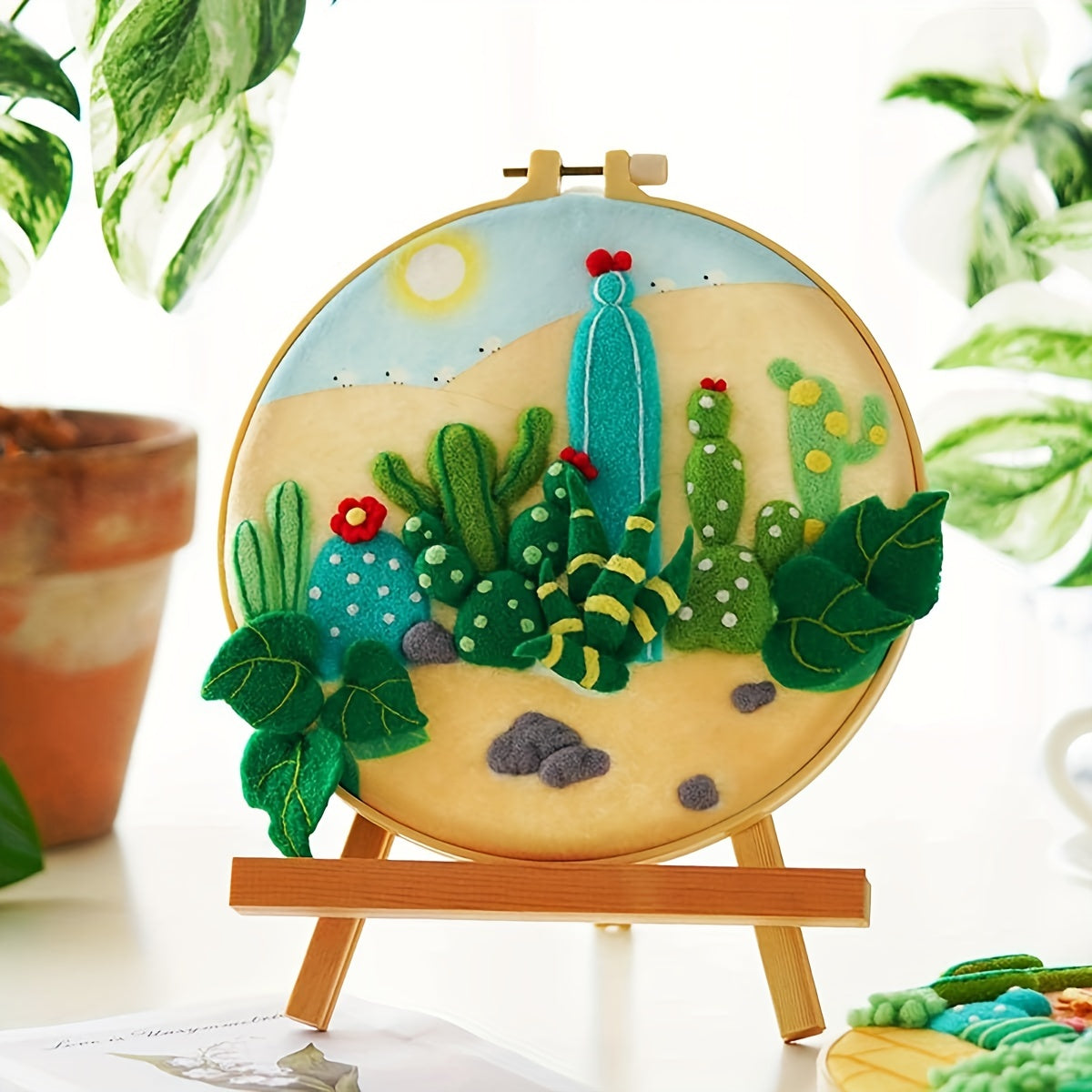 Wool Felting Painting Kit Cactus Flowers Embroidery Frame Diy Felt Crafts