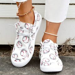 Baseball Print Canvas Shoes Women's Casual Lace Up Sneakers