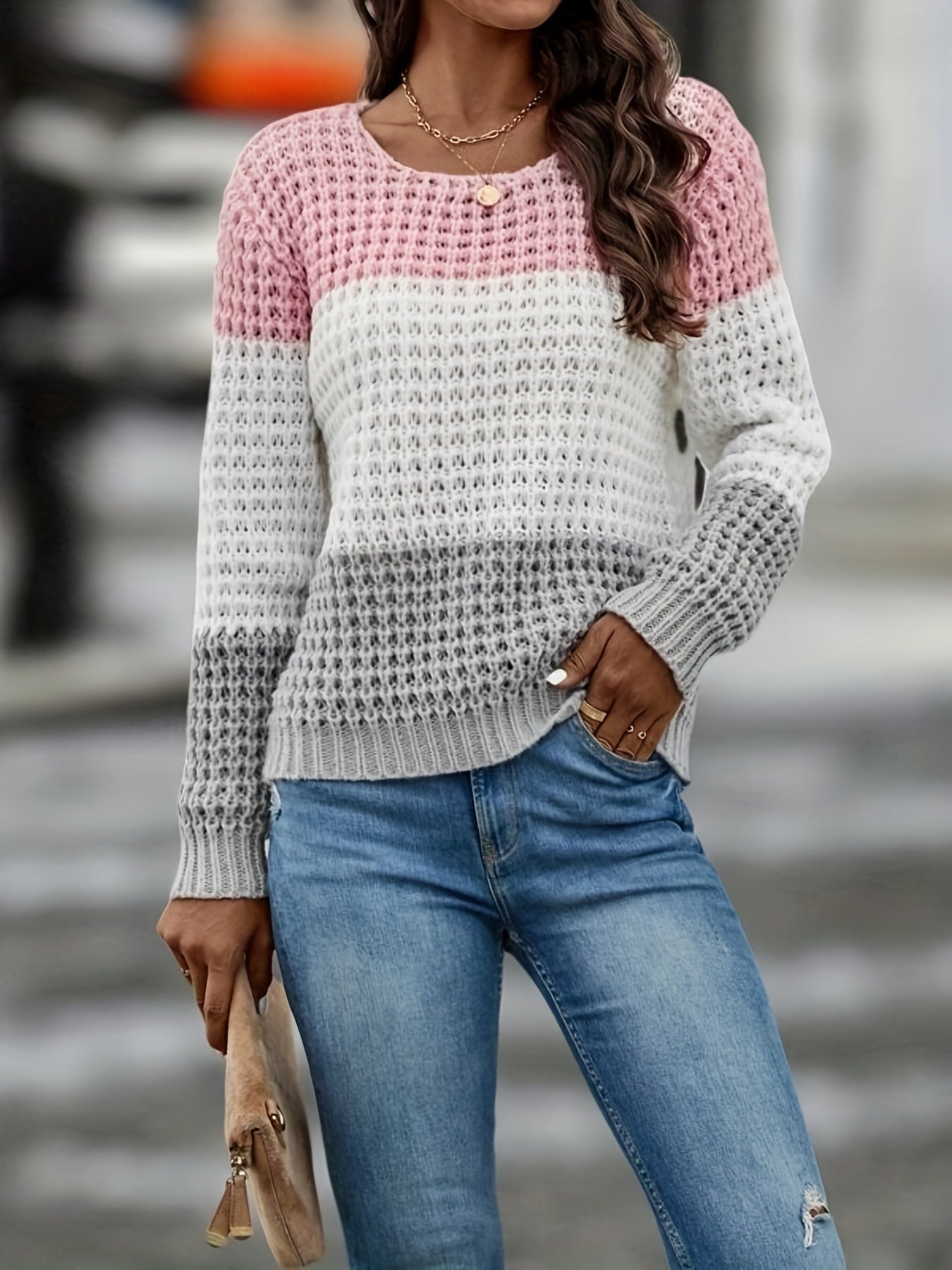 Block Crew Neck Sweater Long Sleeve for Fall & Winter
