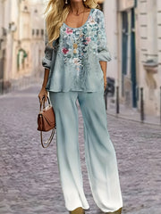 Women's Plus Marble Print Top & Wide Leg Pants Set