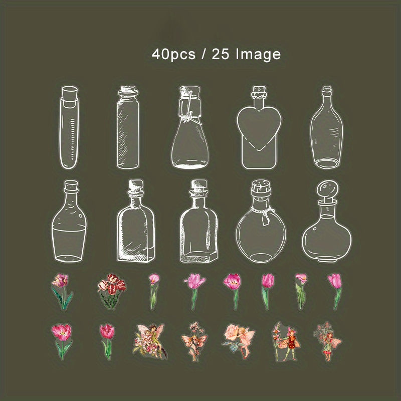 40pcs Transparent PET Jar Flower Fairy Stickers Decals Vintage Waterproof Bulk