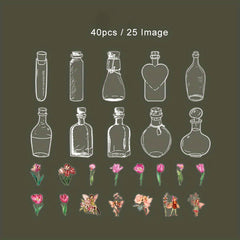 40pcs Transparent PET Jar Flower Fairy Stickers Decals Vintage Waterproof Bulk