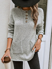 Solid Button Front Pullover Sweater Long Sleeve Casual Fall Winter Women's Cloth