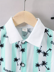 Boys Coconut Tree Print Collar Shirt Short Sleeve Kids Summer Tops