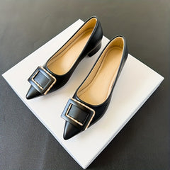 Women's Metallic Buckle Decor Slip-On Shallow Mouth Chunky Heel Shoes