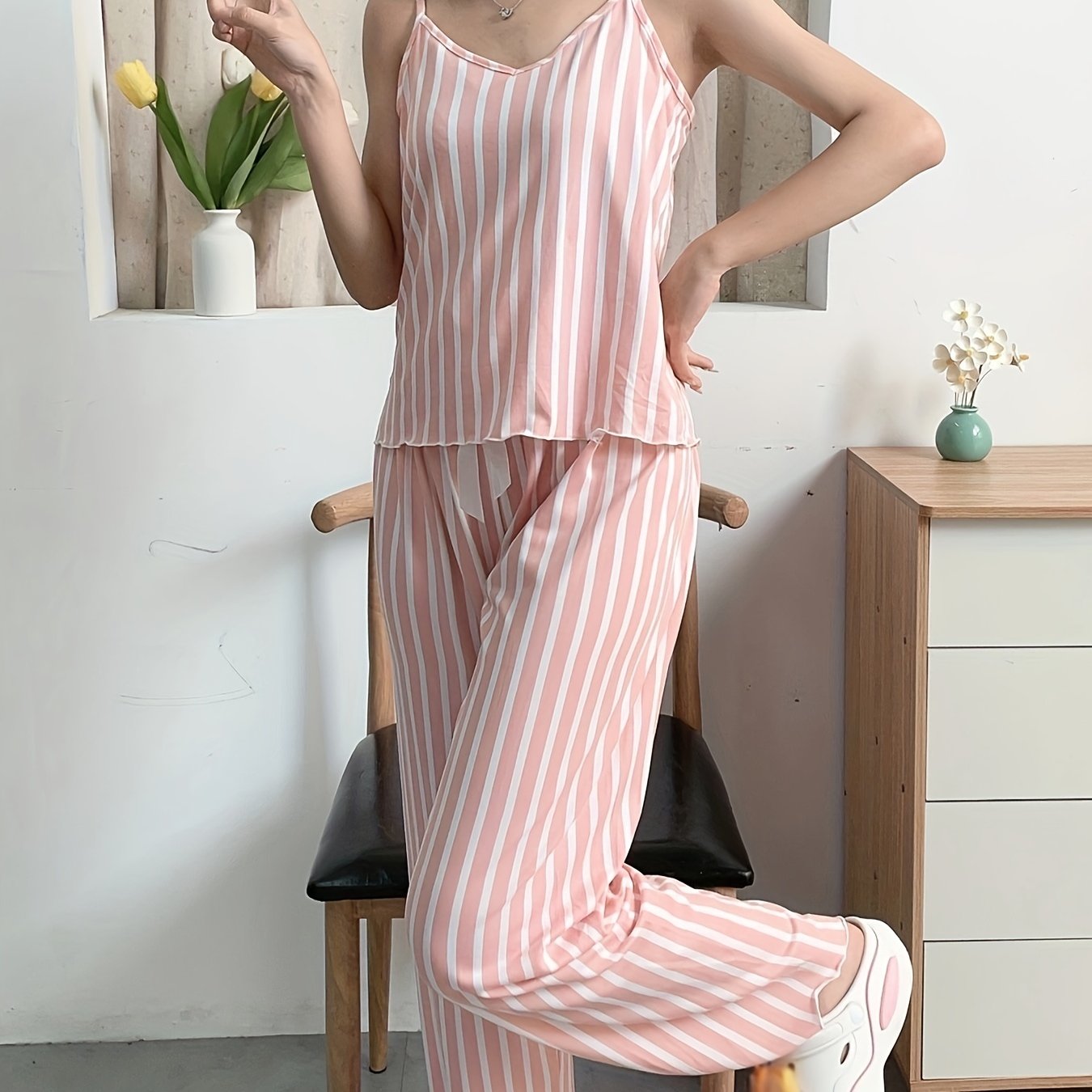 Striped Pajama Set V Neck Cami Top & Pants Women's Sleepwear