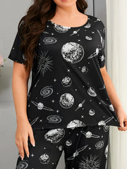 Planet Print Pajamas Set - Tee & Pants Loungewear
