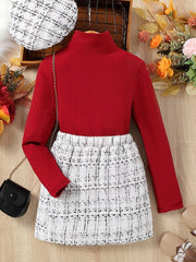 Girl's Ribbed Turtleneck Top & Tweed Skirt Set