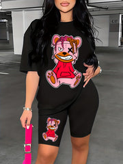 Teddy Bear Print 2pc Set T Shirt & Biker Shorts Casual Outfit for Women