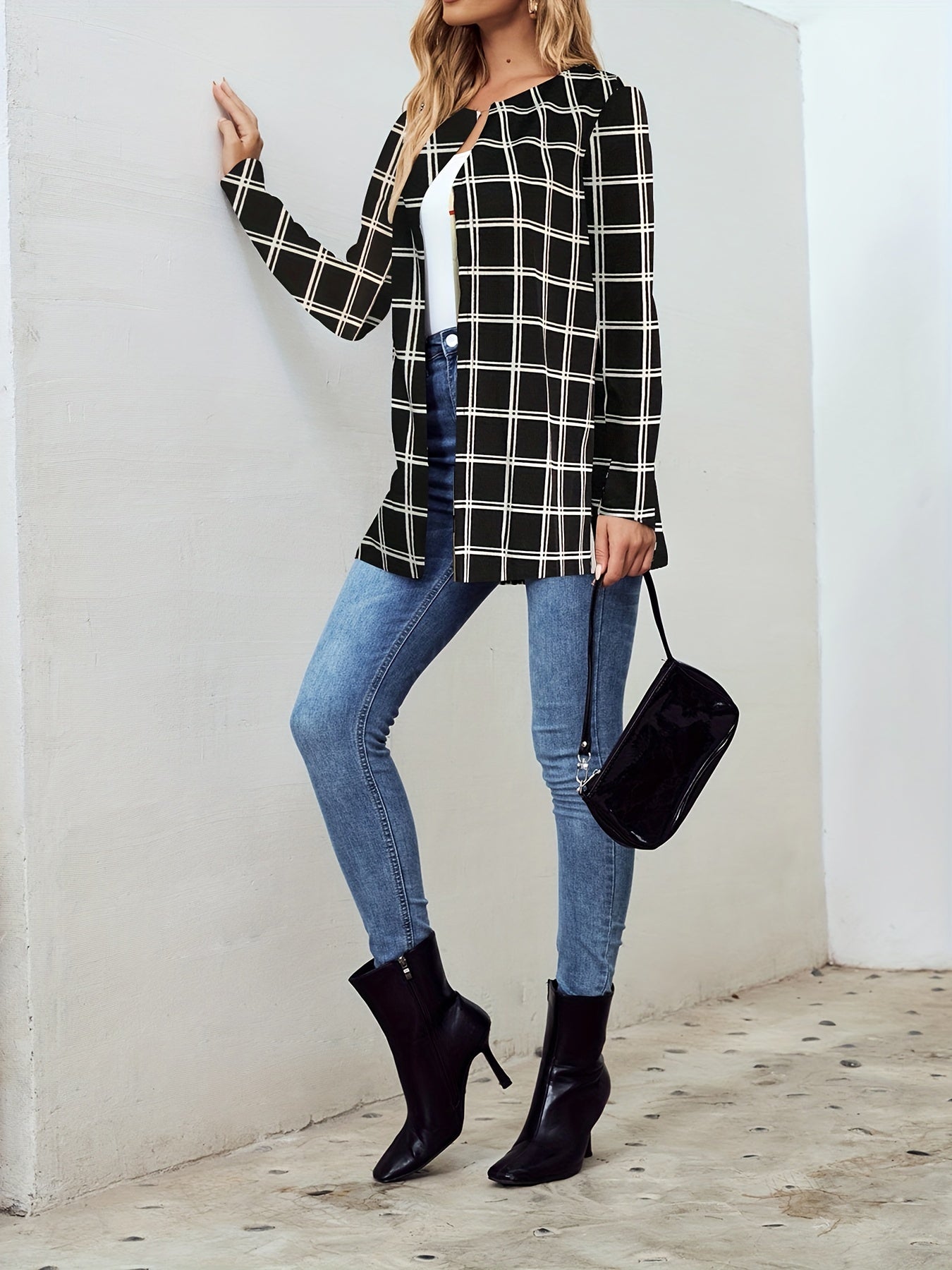 Windowpane Print Open Front Jacket Casual Long Sleeve