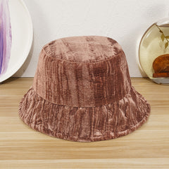 Retro Wrinkled Velvet Bucket Hat Women's Solid Winter Warm Fisherman Hat