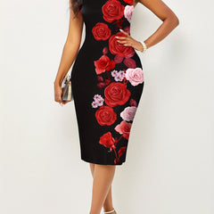 Floral Print Bodycon Dress Crew Neck Sleeveless Tank Dress