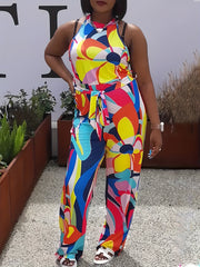 Abstract Floral Print Mock Neck Jumpsuit With Belt