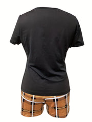 Queen Letter Print Tee & Plaid Shorts Set