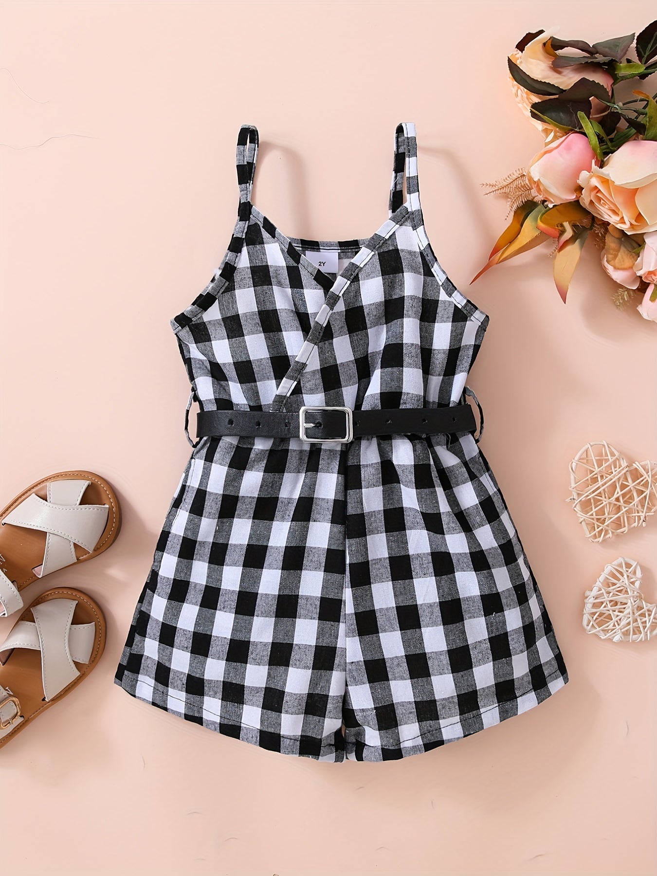 Toddler Girls Plaid Cami Rompers Jumpsuits With Belt