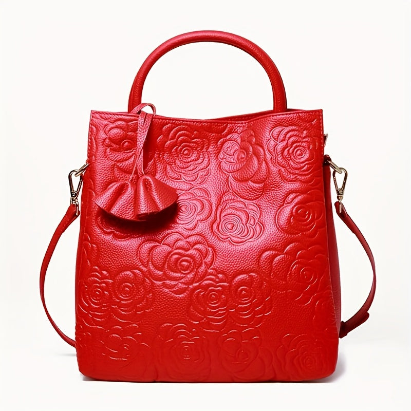 Red Floral Leather Crossbody Bag for Women
