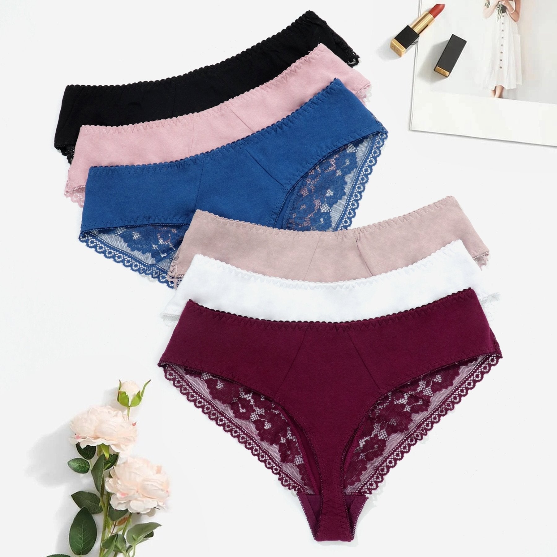 6pk Plus Size Sexy Panties Set Women's Contrast Lace Trim Stretch Briefs