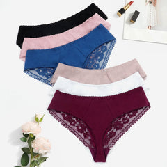 6pk Plus Size Sexy Panties Set Women's Contrast Lace Trim Stretch Briefs