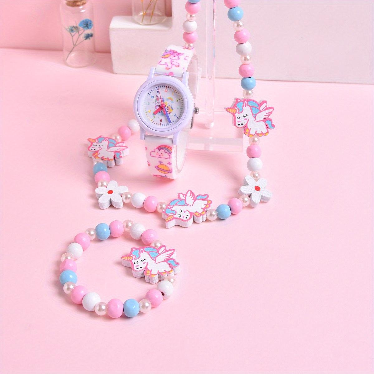 3D Cartoon Pony Kids' Watch Set with Bracelet & Necklace