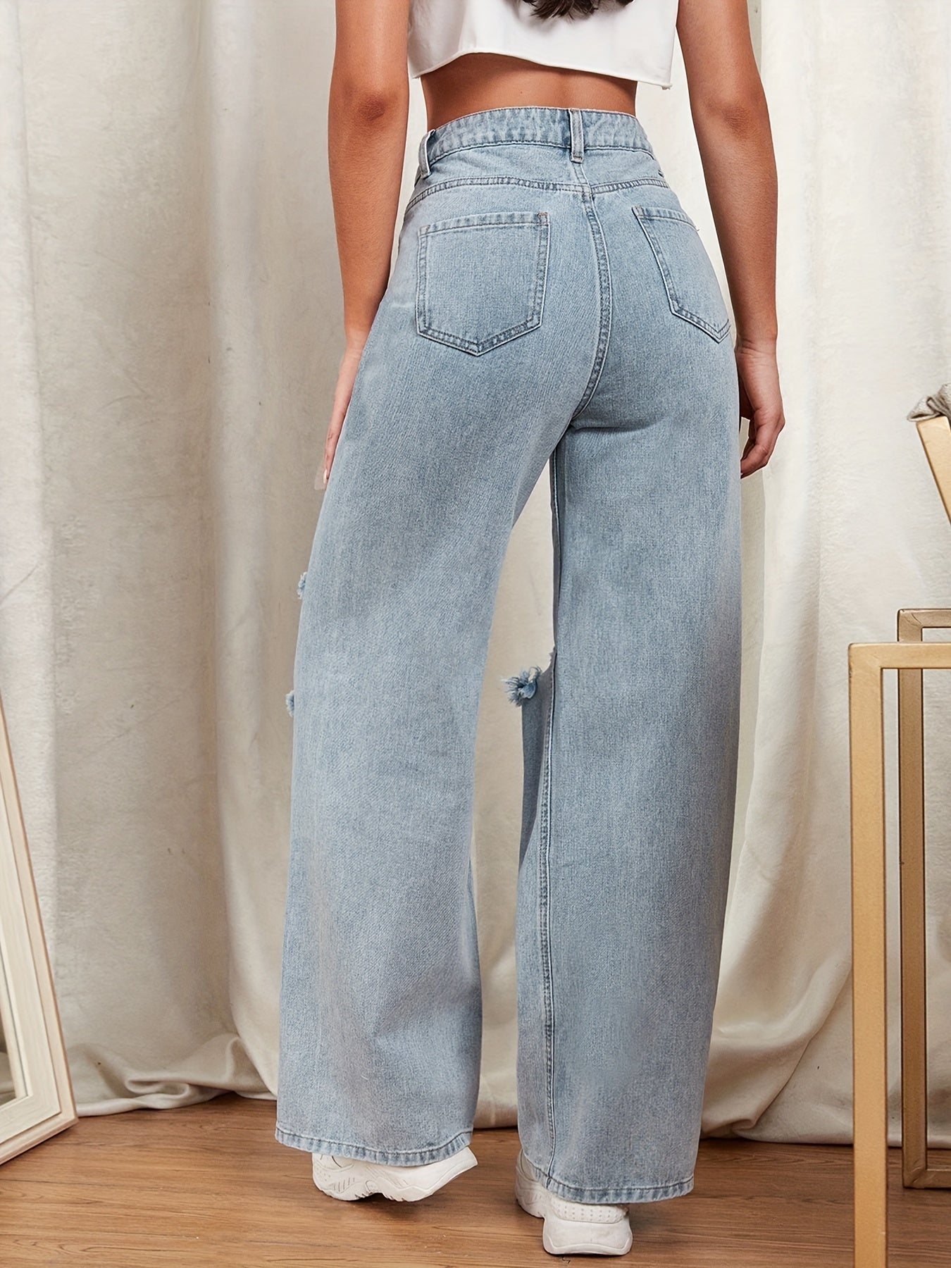Distressed Loose Fit Wide Legs Casual Denim Pants