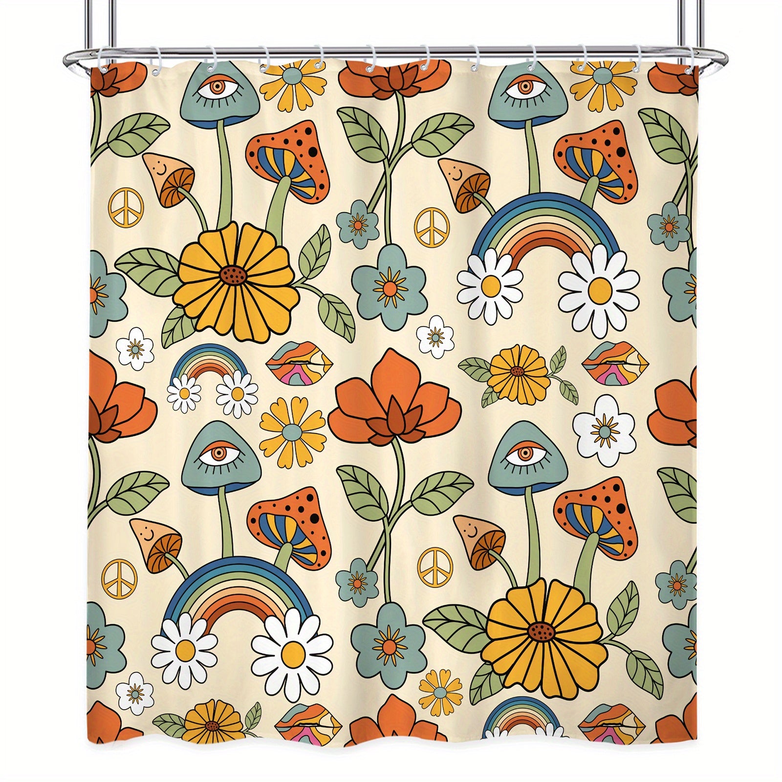 Boho Mushroom Shower Curtain Retro Flowers Bathroom Decor Yellow Orange Floral