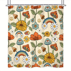 Boho Mushroom Shower Curtain Retro Flowers Bathroom Decor Yellow Orange Floral