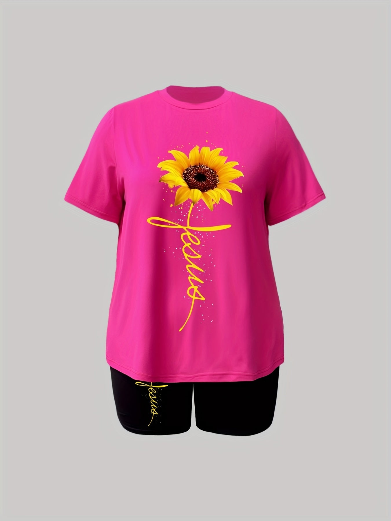 Casual 2 Piece Set Art Letter & Sunflower Print Crop Top & Shorts